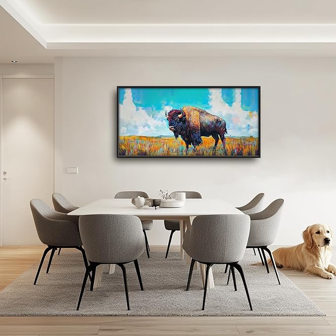 SweetFox Extra Large Colorful Western Bison Framed Wall Art for Living Room, Bison Pictures Oversized Wall Decor Abstract Big Canvas Painting Print Artworks for Bathroom Master Bedroom 60L X 30W