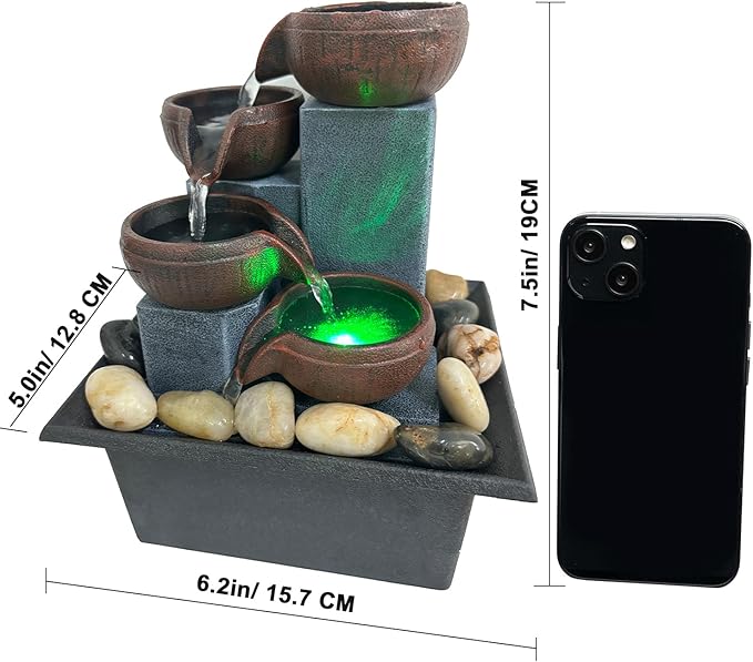 Small Indoor Relaxation Tabletop Fountain, Zen Meditation Waterfall Feature with Color LED Light & Natural Rocks, 4 Level Desk Waterfall for Home Office Bedroom Living Room Decoration (Style 1)
