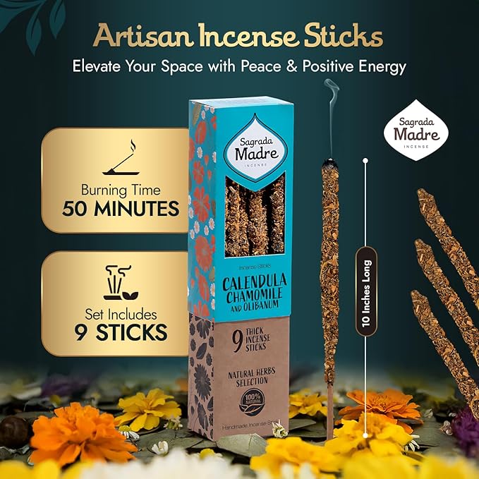 Chamomile Incense Sticks - 9 Extra Long Rods for Abundance, Peace, Love & Protection - Infused with Natural Calendula, Frankincense & Essential Oils - 50-Minute Burn Time for Meditation