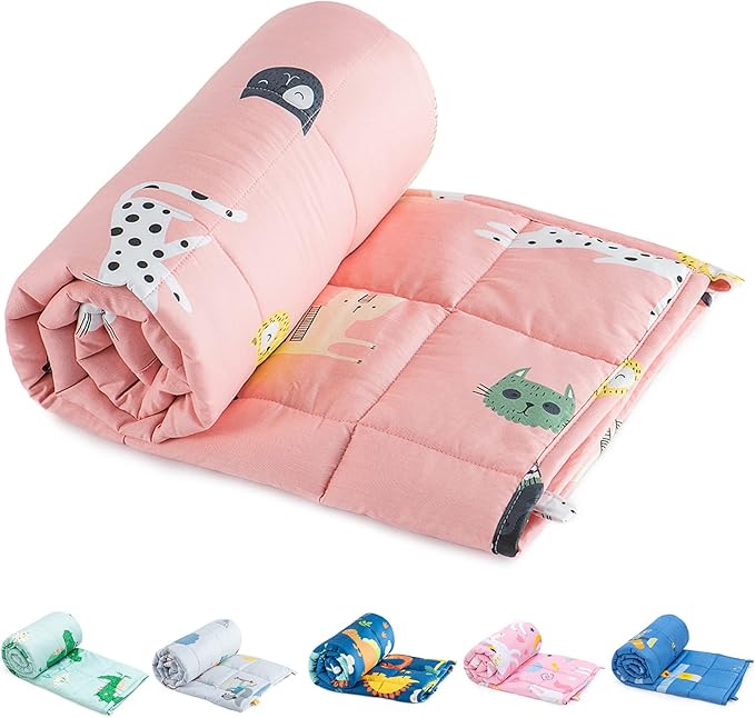Sivio Weighted Blanket - 100% Cotton Weighted Blanket 3 lbs 36 x 48 inches, Washable Breathable Soft Heavy Blanket for Calm Sleeping for Home and School Nap, Pink Cat