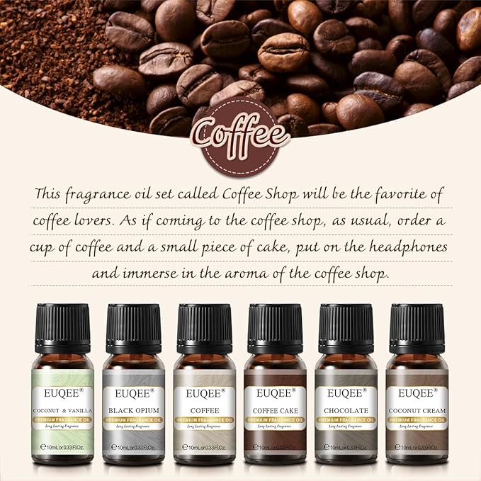 6PCS Coffee Fragrance Oil Set(10ml), Premium Fragrance Essential Oils Set for Candle Making, Diffuser-Coffee, Chocolate, Cake, Coconut Cream, Coconut & Vanilla