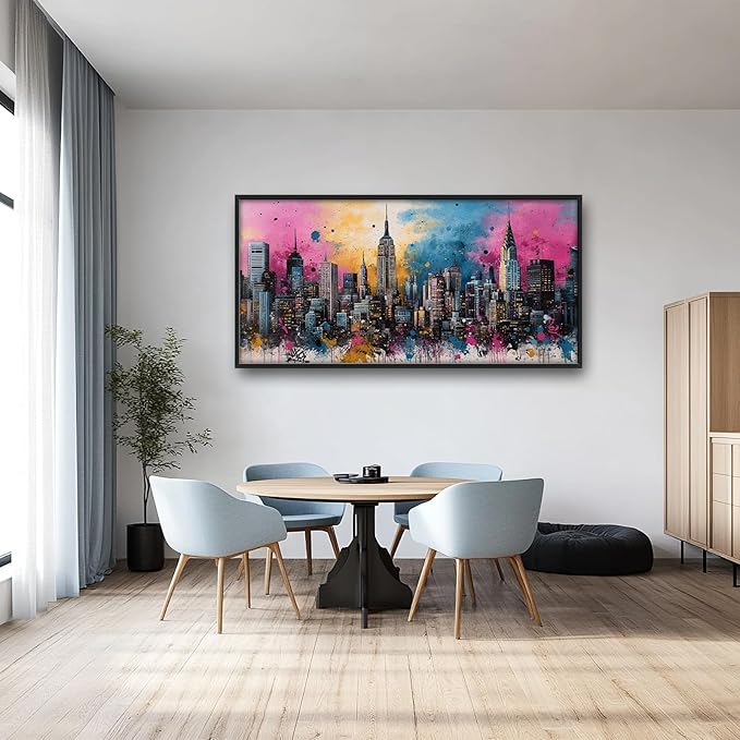Glocmna Large Wall Art for Living Room Banksy Street Graffiti New York City Wall Decor Modern Skyline Cityscape Pictures Painting Big Canvas Print Framed Artwork Decorations Home Office Bedroom 30"x60"