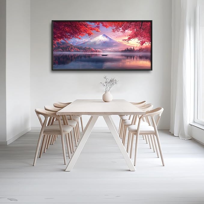 Japanese Mountain Lake Large Wall Art Pink Japan Pictures Wall Decor Nature Landscape Big Canvas Painting Prints Framed Artwork Home Decorations Above Bed for Bedroom Living Room Dining Room 60"x30"