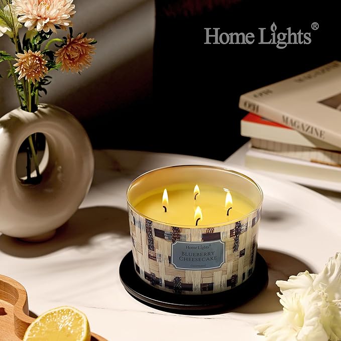 HomeLights Scented Candles for Women & Men, 18oz Candle Jars Aromatherapy 4-Wick Candle, Ideal for Rustic Modern Home Decor and Gifts, Blueberry Cheesecake