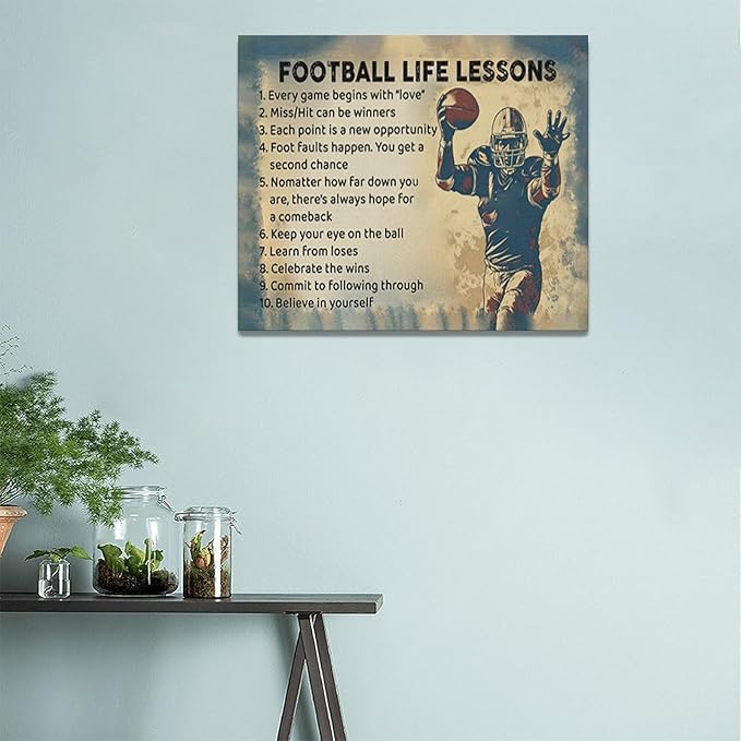 Farmhouse Football Wall Art For Boy Room Rustic Football Life Lessons Wall Decor Retro Football Sign Canvas Painting Artwork Home Decorations for Man Teenager Office Bedroom Living Room 24"x20"
