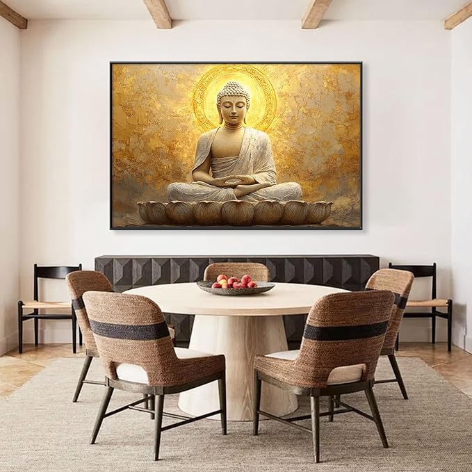 Golden Buddha Canvas Wall Art, Zen Buddha Canvas Print, Buddha Statue Wall Decor, Buddhism Canvas Art, Spiritual Wall Art, Meditation Buddha Wall Art, Gold Bedroom Decor, Home Decor (Black Framed, 36"x24" | 92x62cm)