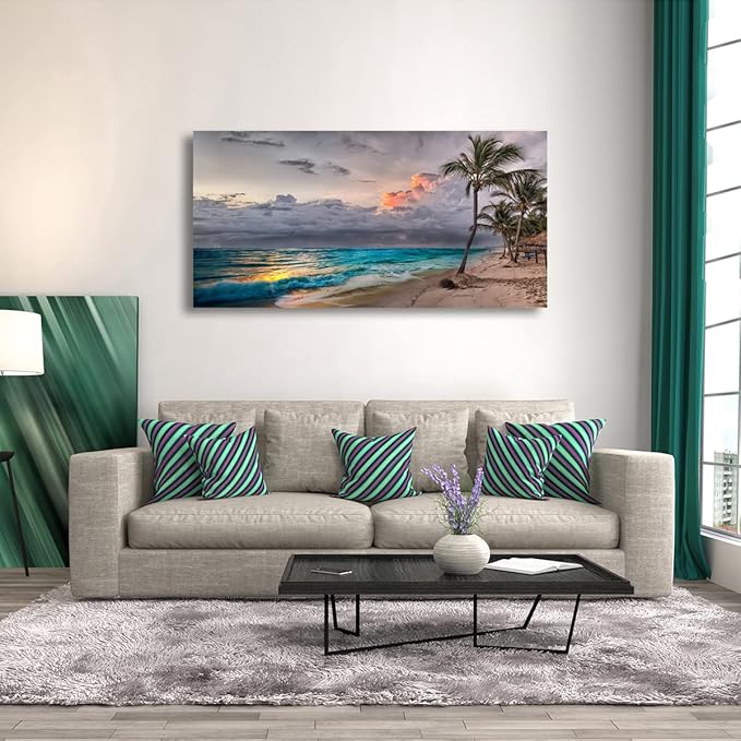 Beach Themed Wall Art Canvas Prints Seascape Poster Bathroom Décor Ocean Coconut Tree Landscape Paintings for Bedroom Dining Room Home Kitchen Decorations Natural Artwork 24x48 Picture Frame Wood