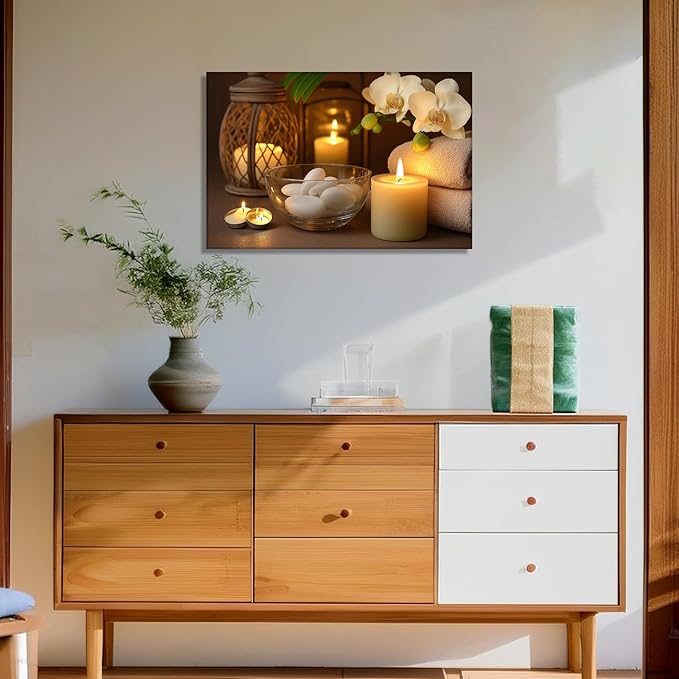 KPLUNDO Large Zen Canvas Wall Art - Candle with Spa Stones on Wood Table Picture Orchid Painting Prints Meditation Relax Artwork for Bathroom Yoga Spiritual Room Decor Frame(28.00x42.00 inch)