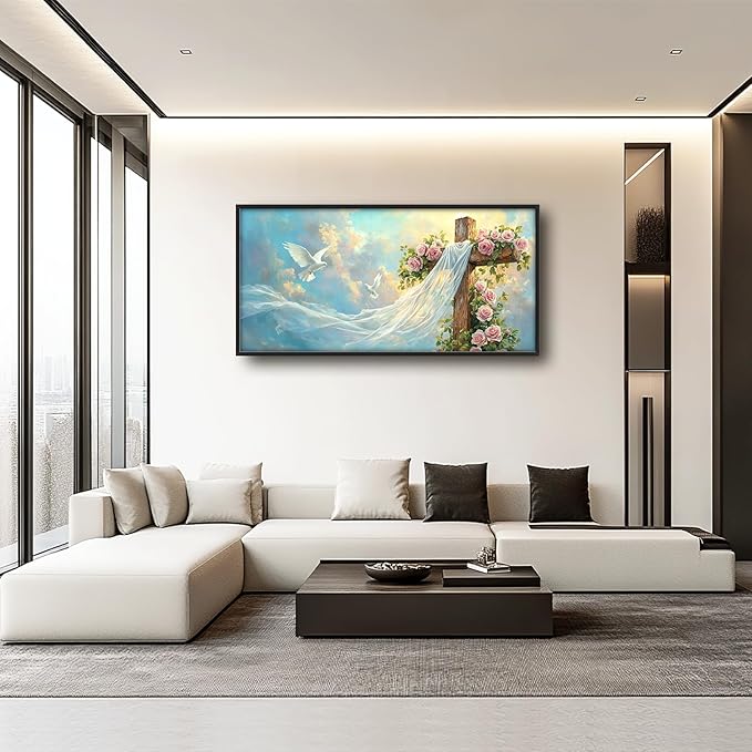 Cross Large Wall Art Christian Religious Pictures Wall Decor Rose Dove Big Canvas Painting Prints Framed Artwork Home Church Decorations Above Bed for Prayer Bedroom Living Room Dining Room 60"x30"