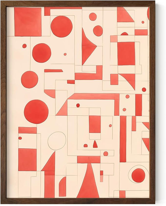 HAUS AND HUES Colorful Abstract Wall Art - Minimalist Retro Picture for Living Room Decor, Red and Pink Modern Wall Art Painting (Red Geometric, Walnut Frame, 12x16)
