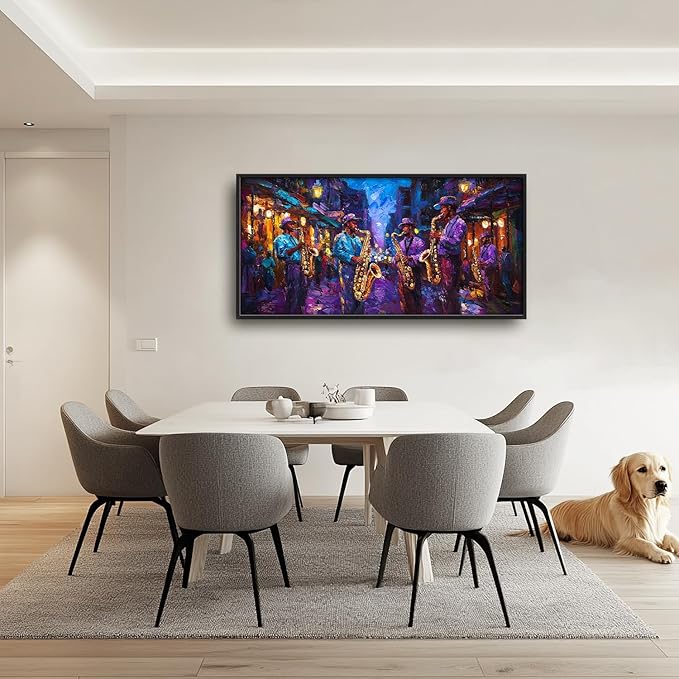 SweetFox Extra Large Banksy Jazz Music Framed Wall Art for Living Room, Jazz Band Banksy Pictures Oversized Wall Decor Abstract Canvas Painting Print Artworks for Bathroom Master Bedroom 60L X 30W