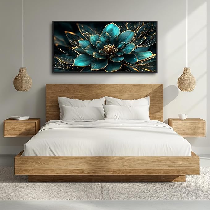 Framed Large Wall Art for Living Room, Teal Flower Canvas Wall Decor, Large Picture Framed Painting, Modern Artwork for Bedroom Office Home Decor 60L'' × 30W''