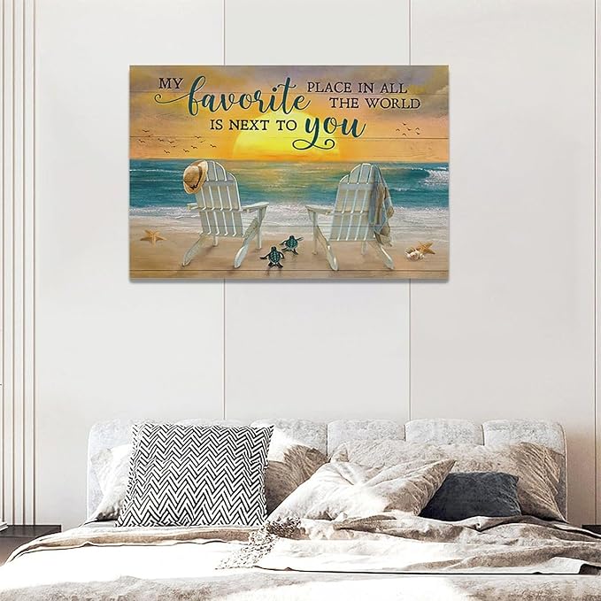 Fleruku Beach Wall Art Ocean Coastal Wall Decor Nautical Sunrise Sunset Sea Turtles Pictures Canvas Painting Artwork Home Decorations for Living Room Bedroom Bathroom Office 24"x16"