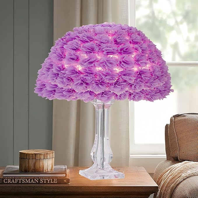 Fabric Flower Desk Lamp Purple Artificial Floral Table Lamp for Girl Chiristmas Gift Nightstand Light Bedside Lamp Decor for Wedding Bedroom Living Room Restaurant Hotel Office