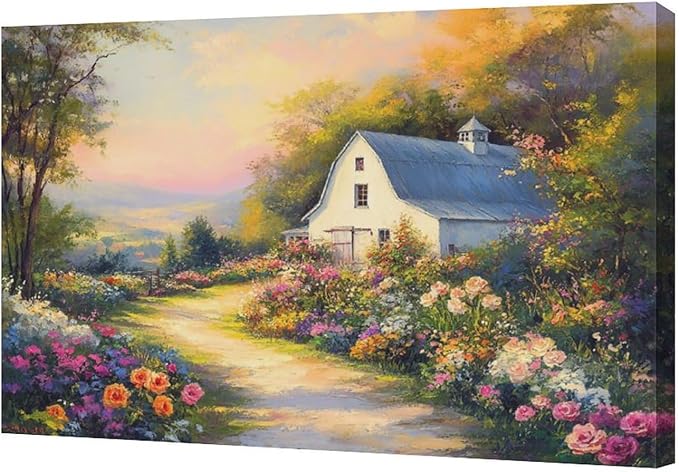 Olivine Garden Wall Art, Barn Pictures Wall Decor, Sunset Painting Vintage Village Garden Canvas Print, Framed Artwork for Living Room Bedroom Bathroom Office Home Decoration 24"x16"