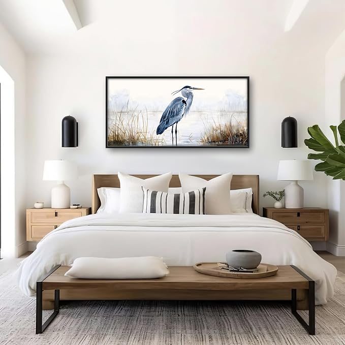 Heron Wall Art Blue Bird Pictures Wall Decor Chinoiserie Coastal Extra Large Canvas Prints Framed Artwork Paintings Home Office Decorations For Living Room Bedroom Dinning Room 60"x30"