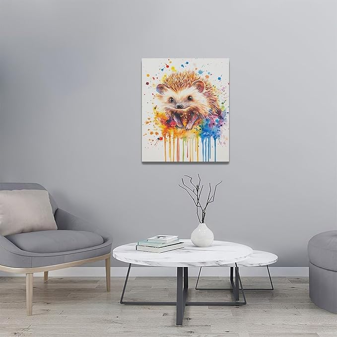 Fleruku Watercolor Hedgehog Wall Art Colorful Hedgehog Wall Decor Cute Animal Pictures Canvas Painting Artwork Home Decorations for Living Room Bedroom Bathroom Office Nursery Classroom 20"x24"