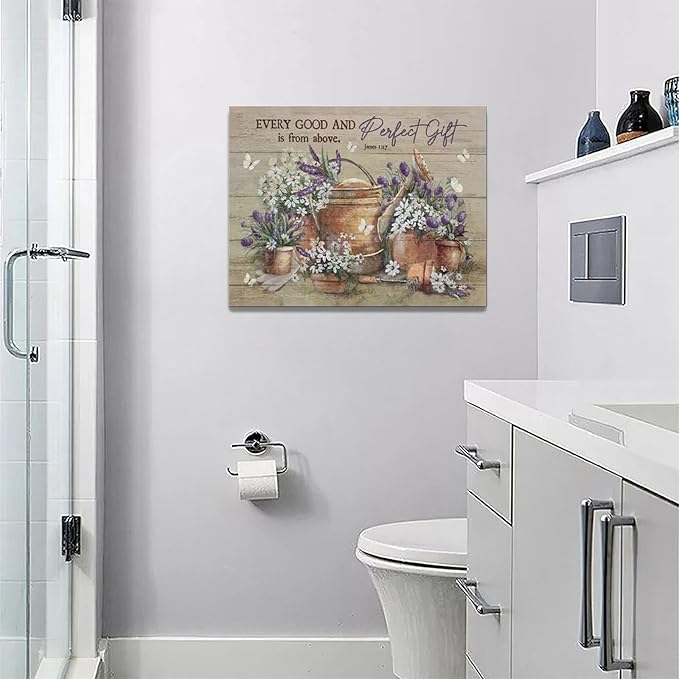 Country Bathroom Flower Wall Art Farmhouse Lavender Wall Decor Rustic Scripture Sign Canvas Painting Artwork Home Decorations for Man Teenager Office Bedroom Living Room Bathroom 16"x12"