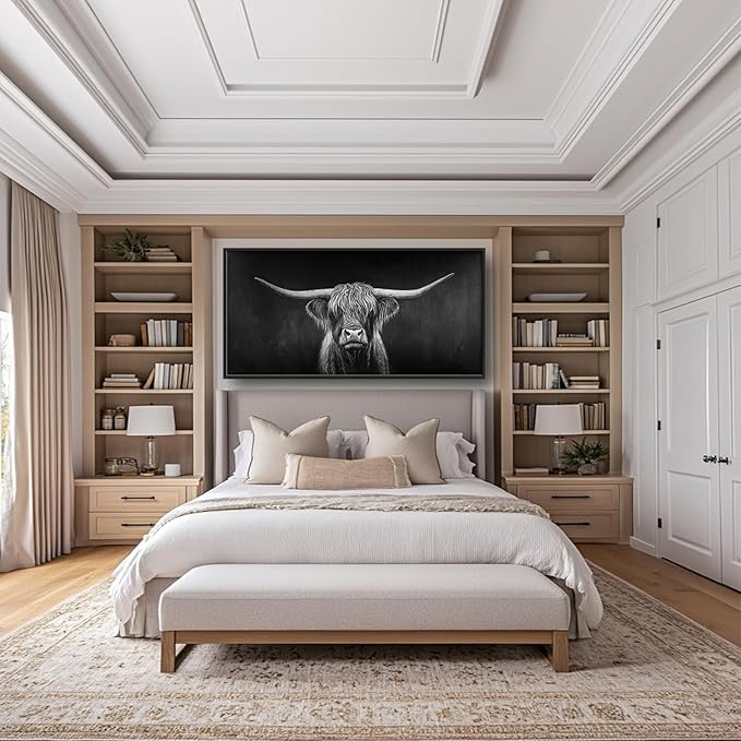 SweetFox Extra Large Highland Cow Framed Wall Art for Living Room, Black and White Longhorn Cattle Pictures Oversized Wall Decor Abstract Canvas Painting Print Artwork for Bathroom Bedroom 60L X 30W