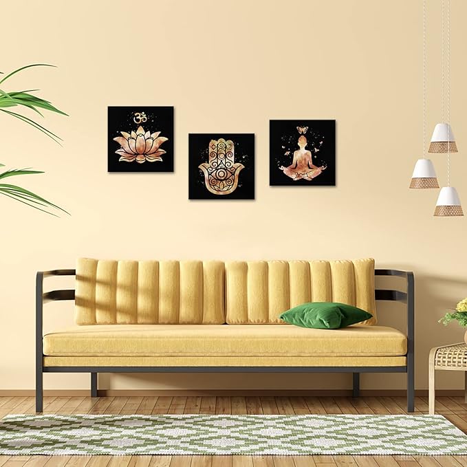 Derkymo 3 Panel Yoga Wall Art Abstract Lotus Flower Picture Prints Meditation Zen Art Wall Decor for Home Decoration Framed to Hang 12"x12"x3pcs