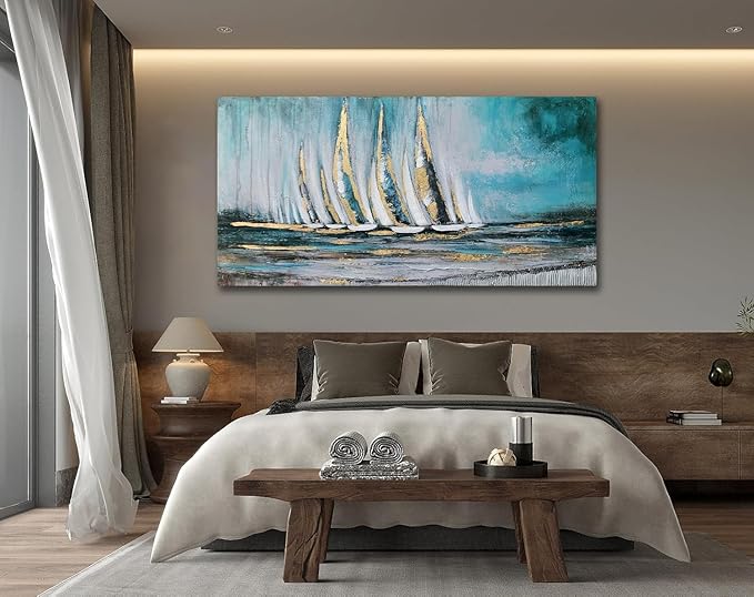 Anolyfi Blue Abstract Canvas Wall Art Teal Ocean Sailboat Picture Modern Coastal Nautical Painting, Textured Artwork Large Framed for Living Room Bedroom Bathroom Kitchen Office Home Decor 58"x29"