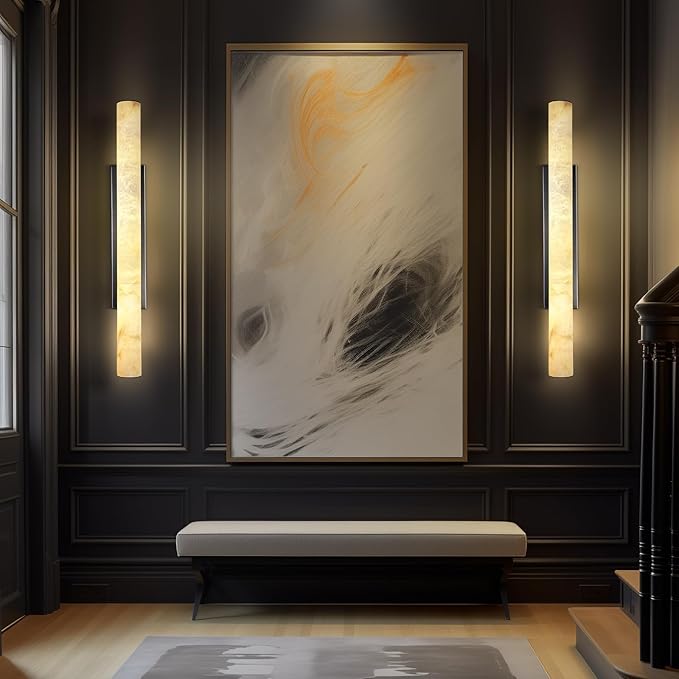 Alabaster Wall Sconces, 36" Large Bronze Wall Sconce, Modern Sconces Wall Lighting, Spanish Natural Marble Wall Sconce Light for Living Room, Bedroom, Hallway, Stairs
