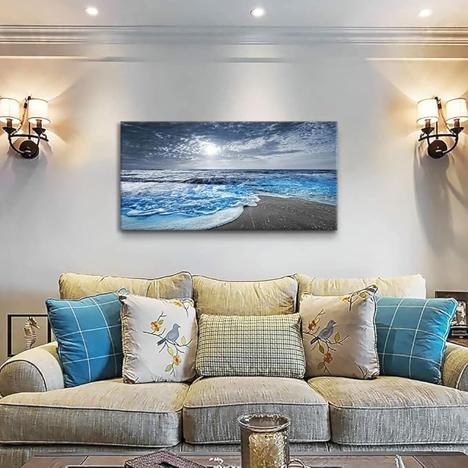 Bamdeya Canvas Wall Art for Bedroom Beach pictures for Living Room Wall Decor Blue Poster Ocean Decor Large Size Seascape Paintings Prints Office Artwork Framed Kitchen Decorations 24x48