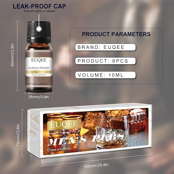 6PCS Fragrance Oils for Men, Men's Pubs Gift Set Premium Fragrance Oils -10ml-Leather, Sweet Tobacco（New Name-Honeyed Haze）, Dragons Blood, Sandalwood, Bay Rum, Cedarwood (Men's Pubs)