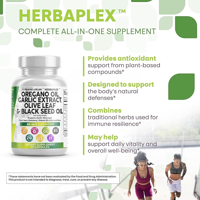 Clean Nutraceuticals Oregano Oil Garlic Extract Olive Leaf Black Seed Oil - Immune Support & Digestive Health Supplement for Women and Men with Vitamin D3 & Zinc - 2Pack