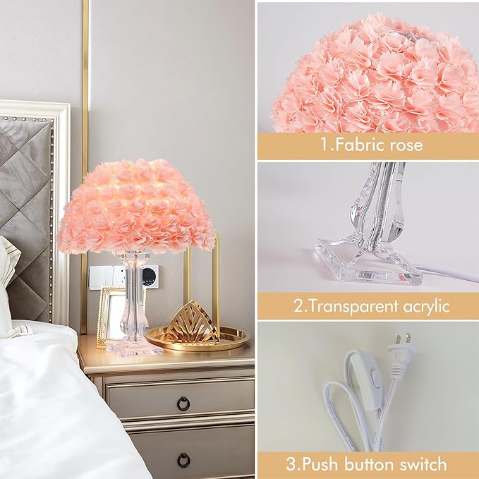 Pink Table Lamp Flower Bedside Lamp Artificial Flower Nightstand Light Desk Lamp Girl Christmas Gift for Wedding Bedroom Living Room Study Rooms Restaurants Hotel Flower Lamp
