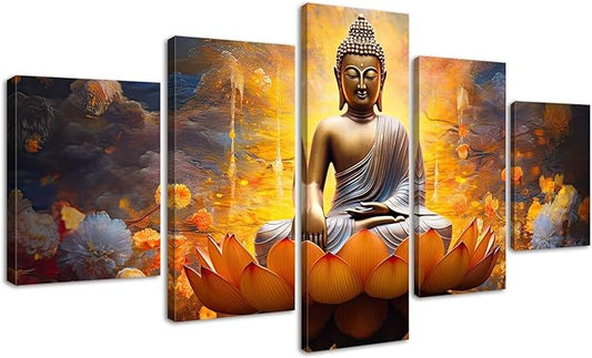 DJSYLIFE Gold Buddha Wall Art for Living Room Large 5 Piece Zen Photo Picture HD Canvas Print Paintings for Yoga Room Home Decor Modern Artwork Framed Ready to Hang Decorations (60" W x 32" H)