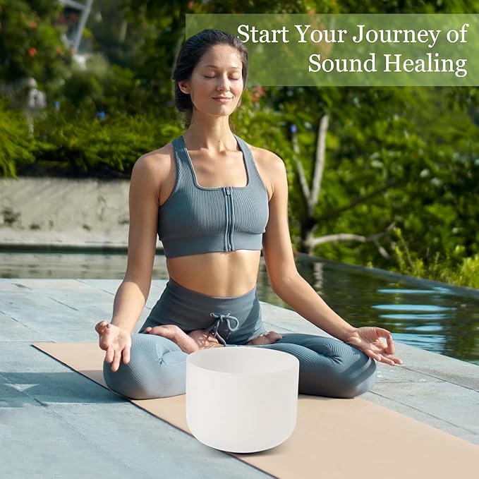 432HZ 9 Inchs Frosted Crystal Singing Bowl Set for Meditation Healing Yoga Chakra Quartz Crystal Sound Bowls with Heavy Duty Carry Case and Rubber Mallet,Suede Striker,O-rings