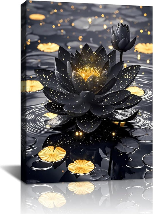 Lotus Floral Wall Art for Zen Office Decor Wall Art,Framed Black and Gold Lotus Flower Painting Artwork,Modern Meditation Poster Yoga SPA Room Bathroom Home Decor(12"x16")