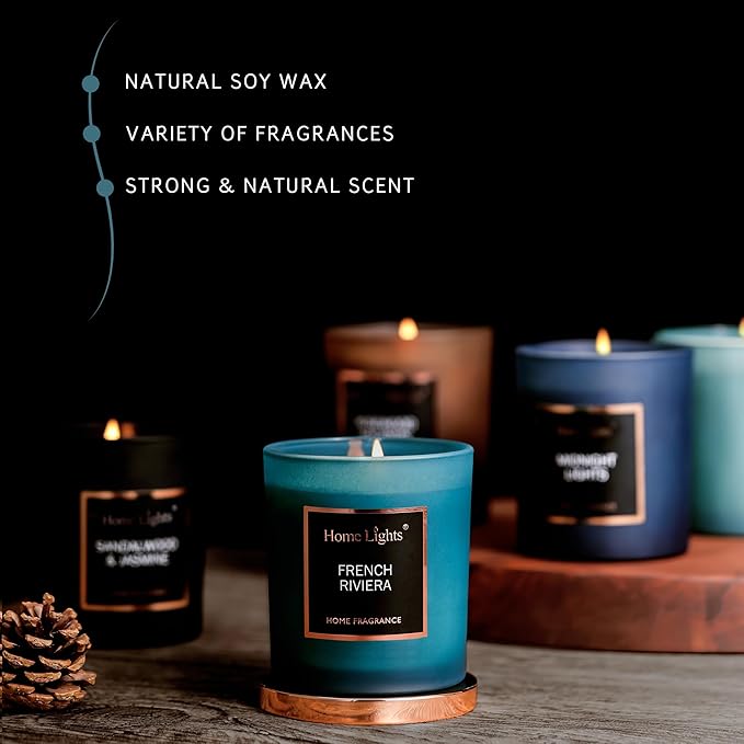 HomeLights Luxury Scented Candle, Natural Soy Wax, Home Fragrance Decor Gift,French Riviera, Medium Jar