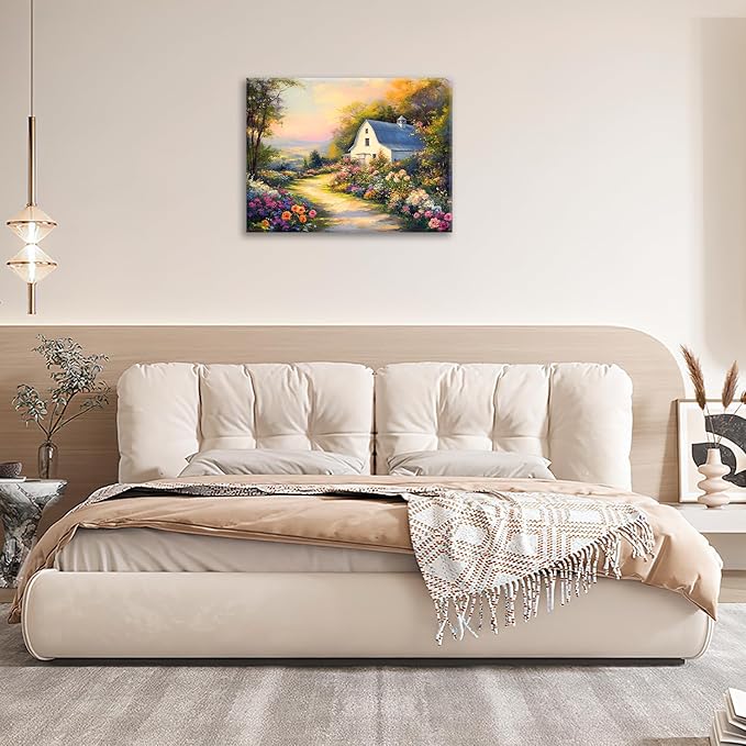 Olivine Garden Wall Art, Barn Pictures Wall Decor, Sunset Painting Vintage Village Garden Canvas Print, Framed Artwork for Living Room Bedroom Bathroom Office Home Decoration 16"x12"