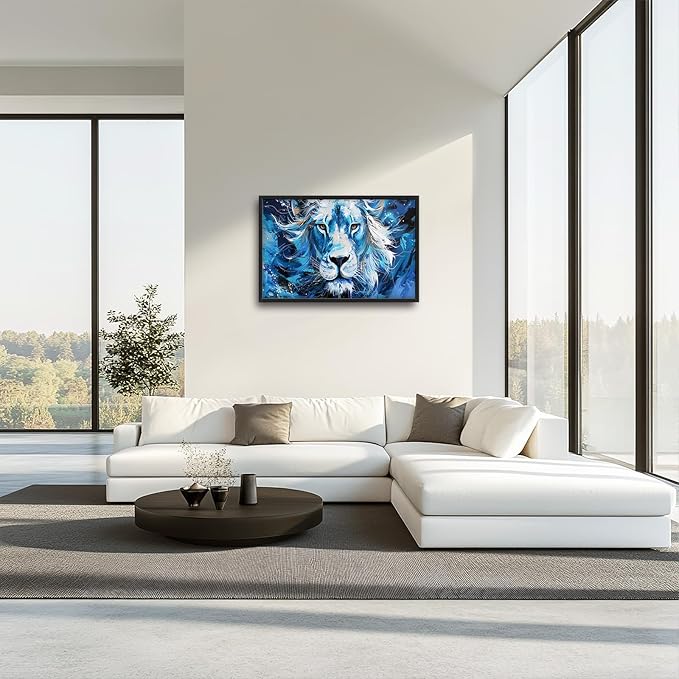 Framed Large Wall Art for Living Room, Lion Canvas Wall Decor, Blue Animal Pictures Painting, Modern Landscape Artwork for Bedroom Office 36L'' × 24W''