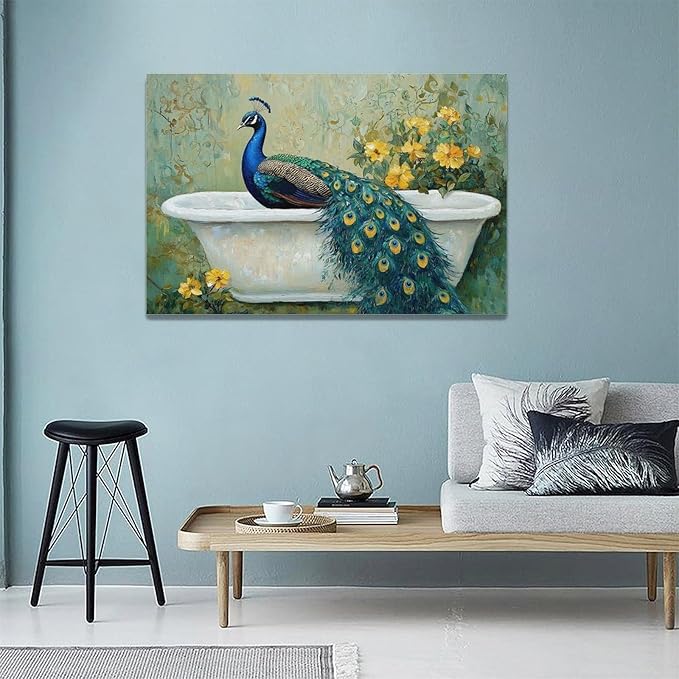 Fleruku Vintage Peacock Wall Art Elegance Bathroom Wall Decor Green Peacock Pictures Canvas Painting Artwork Home Decorations for Living Room Bedroom Office 24"x16"