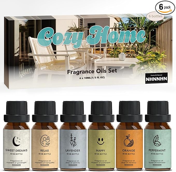 Essential Oil Blends, Pure Essential Oils Set for Diffuser for Home - Peppermint, Orange, Happy, Lavender, Relax, Sweet Dream for Aromatherapy, Humidifiers, Candle & Soap Making 6x10ML