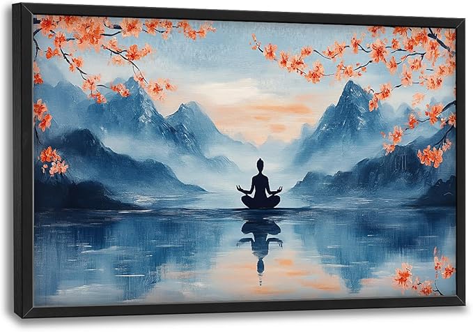 Zen Large Wall Art Buddha Lake Pictures Wall Decor Cherry Blossom Canvas Landscape Meditation Print Painting Modern Artwork Home Decoration for Yoga Spa Living Room Bathroom Bedroom Office Framed 36"x24"