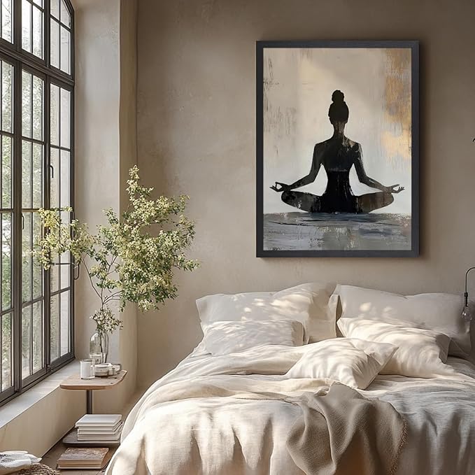 GELDSTEI Wood Framed Zen Wall Art, Modern Yoga Girl Canvas Painting, Tranquil Meditation Wall Decor, Spiritual Aesthetic Picture, Calming Mindfulness Poster Prints for Living Room Spa Yoga 16"x24"