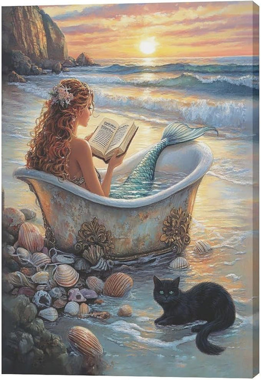 Mermaid Wall Art Beach Coastal Nautical Wall Decor Sunset Cat Pictures Canvas Painting Framed Artwork Home Decorations for Bathroom Living Room Bedroom Office 16"x24"