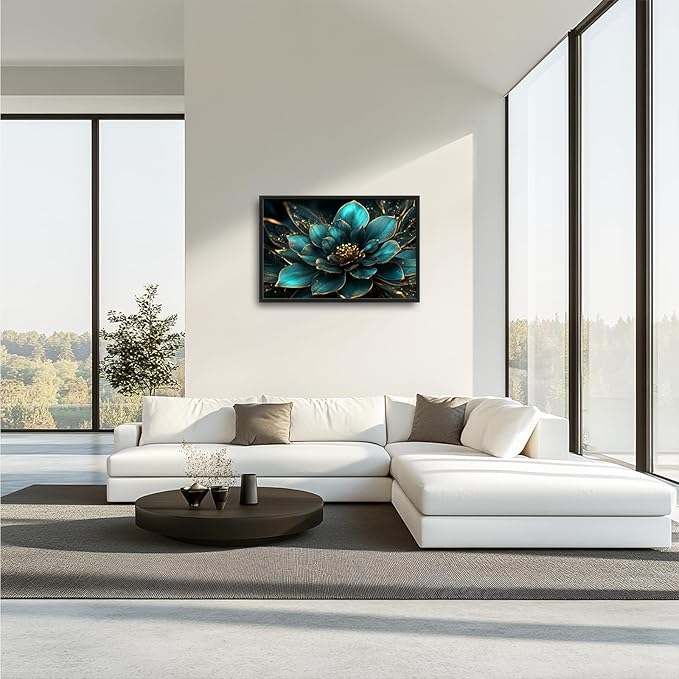 Framed Large Wall Art for Living Room, Teal Flower Canvas Wall Decor, Large Picture Framed Painting, Modern Artwork for Bedroom Office Home Decor 36L'' × 24W''