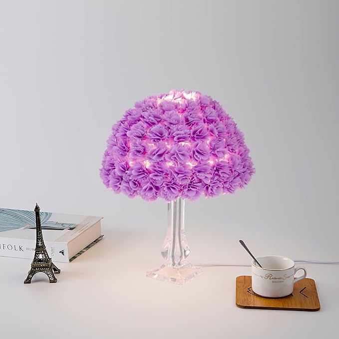Fabric Flower Desk Lamp Purple Artificial Floral Table Lamp for Girl Chiristmas Gift Nightstand Light Bedside Lamp Decor for Wedding Bedroom Living Room Restaurant Hotel Office