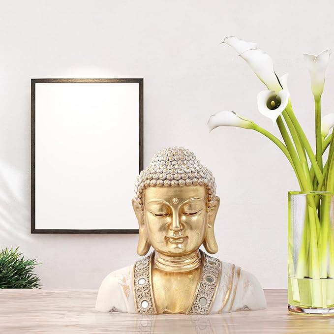 Buddha Head Statue Gold 9.5",Buddha Statues for Zen Decor Spiritual Relaxation,Meditation or Shrine- Decor -Buda– Indoor Buddha Gift for Living Room Table Office Home Decor