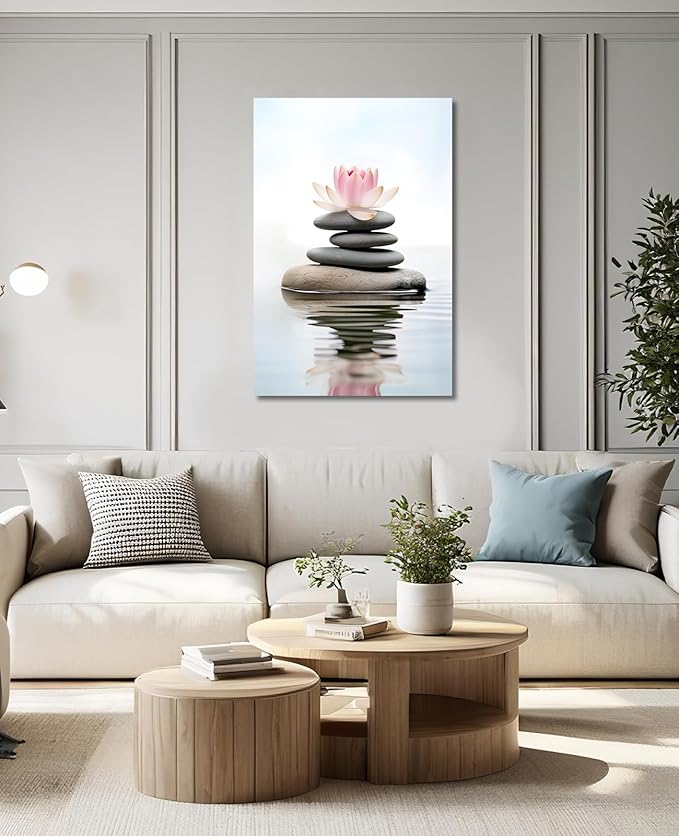 KPLUNDO Lotus Wall Art Zen Canvas Print Wall Decor Spa Stones on Wahter Picture Meditation Painting Relax Artwork for Bathroom Living Room Modern Home Decor Frame(Art-1,12.00x18.00 inch)