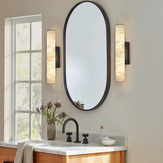 Alabaster Wall Sconces, Spanish Natural Marble Wall Sconce, 20" Bronze Wall Sconce for Bathroom, Modern Alabaster Sconces Wall Lighting Dimmable, Marble Wall Lamp for Living Room, Bedroom, Hallway