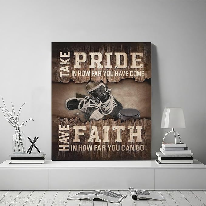 Fleruku Rustic Hockey Wall Art Sports Wall Decor Inspirational Quotes Brown Pictures Ice Hockey Sign Canvas Painting Artwork Home Decorations for Boy Man Teenager Fans Bedroom Living Room 20"x24"