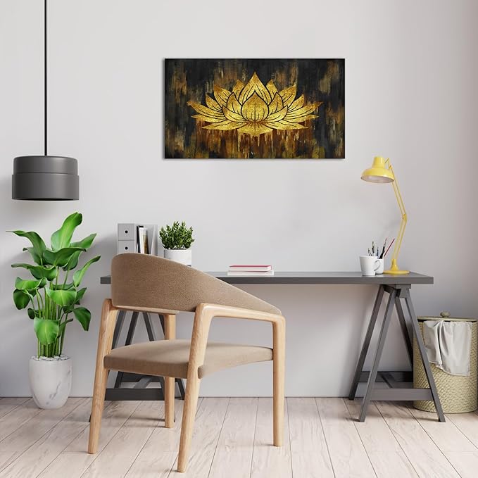 SkenoArt Gold Lotus Wall Art Abstract Zen Lotus Canvas Wall Art Gold and Black Zen Flower Picture Artwork for Living Room Home Bedroom Wall Decor Stretched and Framed 20x36 inch