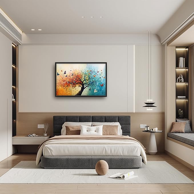SweetFox Extra Large Tree of Life Framed Wall Art for Living Room, Colorful Tree Butterfly Pictures Oversized Wall Decor Abstract Canvas Painting Print Artwork for Bathroom Master Bedroom 36L X 24W
