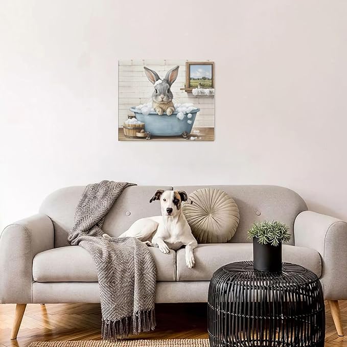 Farmhouse Bunny Bathroom Decor Wall Art Rabbit Pictures Canvas Prints Rustic Country Bathroom Painting Artwork Easter Decoration Framed Gifts for Women Girl Restroom Toilet 20"x24"